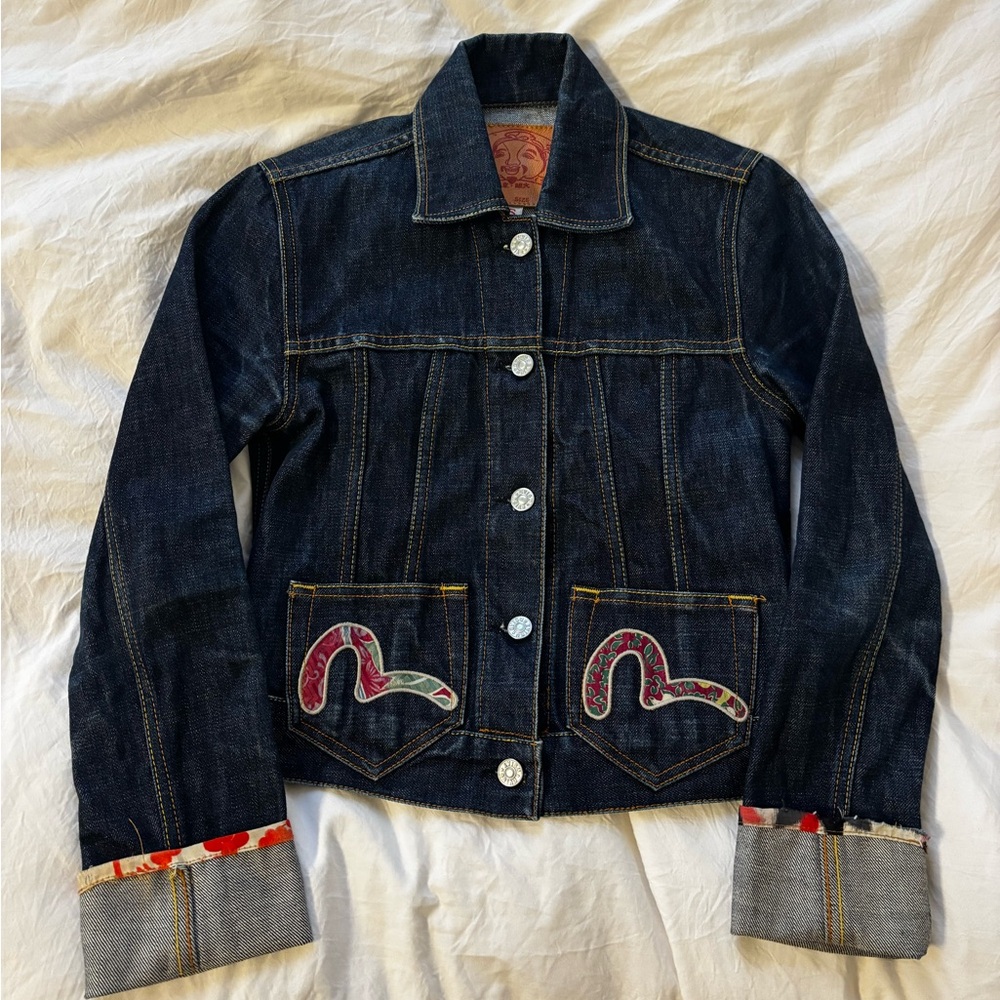 Evisu Denim Jacket with Pockets and Embroidered Accents
